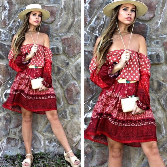 New! Clearance 🔥 Desert Red Boho Off theShoulders Ruffle Dress - Picture 2 of 15